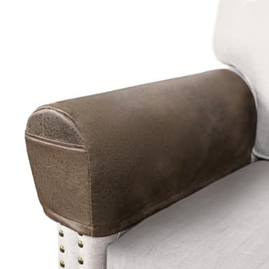 ANARACHON Leather Look Couch Arm Covers Set of 2 Armrest Covers for Sofa Chair Arm Protectors Stretch Armchair Slipcovers with Pockets Washable Spandex Fabric (Medium, Brown)