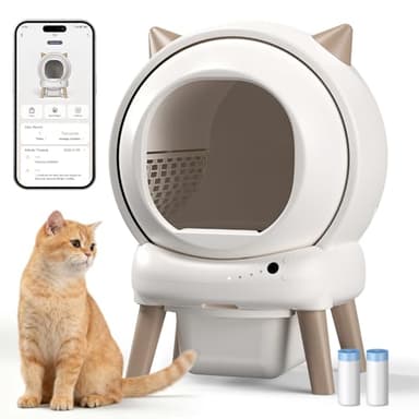 Automatic Cat Litter Box - E2 Self Cleaning Litter Box Smart Robot for Multiple Cats, APP Real-Time Monitor, Weight Monitoring, Safe Anti-Pinch Liners and Mat Included
