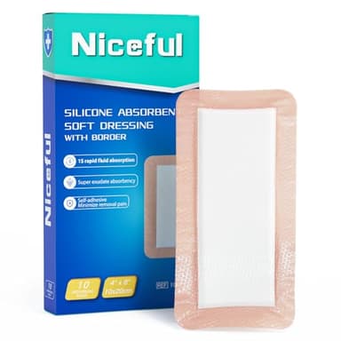 Niceful Silicone Super Absorbent Wound Dressing - 4"×8" Large Absorbant Bandages with Adhesive Borders, FSA HSA Eligible, Wound Care Dressings for Bed Sores Leg Ulcers