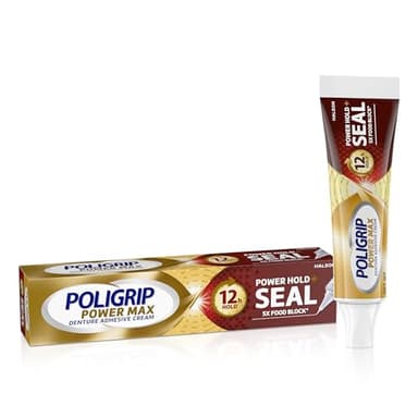 Poligrip Power Max Power Hold plus Seal Denture Adhesive Cream, Denture Cream for Secure Hold and Food Seal, Flavor Free - 2.2 oz