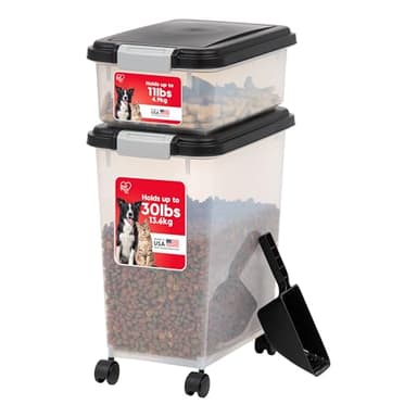 IRIS USA Dog Food Storage Container, 30 lbs & 11 lbs Combo, Cat Food Storage Container, Dog Treat Container, Airtight, Stackable, 2-Cup Scoop, Wheels, Easy Mobility, Black