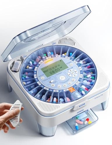 28-Day(1X) Automatic Pill Dispenser – One-Press Daily Dispense (No APP), Easy-to-Use Slide-Door Cup, Sound & Light Alerts, Moisture-Proof Dual Desiccants, Large Compartments for Tablets & Capsules