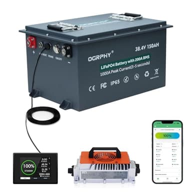 OGRPHY 36V Lithium Golf Cart Battery, Built in Smart 200A BMS(1000A Peak Current), with Charger, Touch Monitor & Mobile APP, 4000+ Cycles Max 7.68kW Output, 70 Miles Range for Golf Cart(150AH)