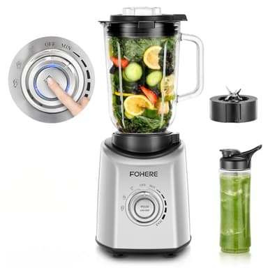 FOHERE Professional Blender Peak 1300W, Countertop Blender with 3 Presets＆ 5 Speeds for Smoothies, Shakes, and Frozen Drinks, 50 Oz Glass Jar ＆20 Oz Tritan Jug