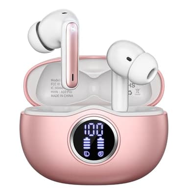 Fhumsh A10 Pro Wireless Earbuds Bluetooth 5.3 HiFi Stereo, 50H Playback LED Digital Display Earphones, ENC Noise Cancelling Mic, Ergonomic Sport Headphone Headset for Gym/Running/Work - Rose Gold