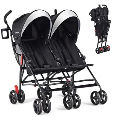 BABY JOY Double Umbrella Stroller, Lightweight Travel Side by Side Twin Stroller with Large Storage, Cup Holder, 5-Point Safety Harness, Adjustable Canopy & Compact Fold for Infant and Toddler (Black)