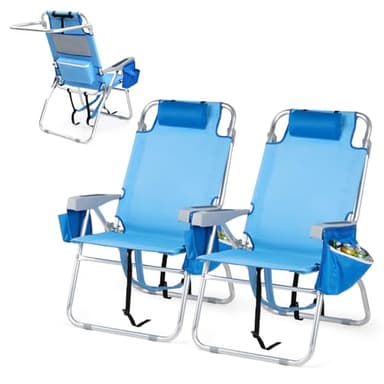VINGLI Tall Beach Chair 2 Pack Lightweight, Backpack Beach Chair for Adults with 5-Position, Cooler Bag, Cup Holders, Towel Bar, Folding Beach Camping Chairs（16“-Blue）
