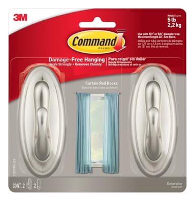 Command 5 lb Large Brushed Nickel Color Hooks, 2-Pack of 2 Wall Hooks and 2 Strips, Damage Free Coat Hooks with Adhesive Strips, Traditional Hooks for Hanging Christmas Decorations