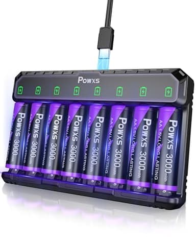 POWXS Rechargeable AA Batteries with USB-C Charger, 8-Pack 3000mWh Lithium AA Batteries, Dual-Port Fast Charger for Blink Cameras, High-Drain Devices