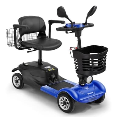 Powered Mobility Scooter, 4-Wheel Foldable Electric Scooter for Seniors & Adults – Heavy Duty Travel Model with 330 lbs Capacity, 350W Motor, Long-Lasting Battery, Front Basket & LED Lights-Blue