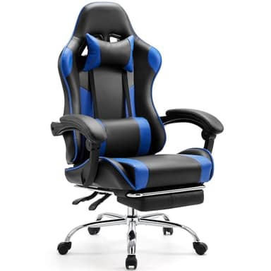 Sweetcrispy Video Game Desk Chair - Ergonomic Computer with Footrest and Comfy Lumbar Support, PU Leather Recliner with Headrest, Fixed Up Armrest, Height Adjustable with 360° Swivel, for Adults, Blue