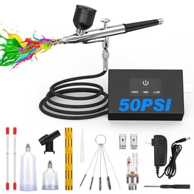 TURNRISE Airbrush Kit with Air Compressor: 50 PSI High Pressure Air Brush Kit with 0.2/0.3/0.5mm Nozzle & Cleaning Set for Painting, Modeling, Cake Decorating, Makeup, Nails, Crafts