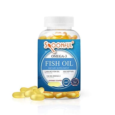 Spoonful Omega 3 Fish Oil Enteric Coated 2400mg, 200 Capsules, Burpless, Rapid Release Softgel Capsules, Made in USA, NSF-Certified