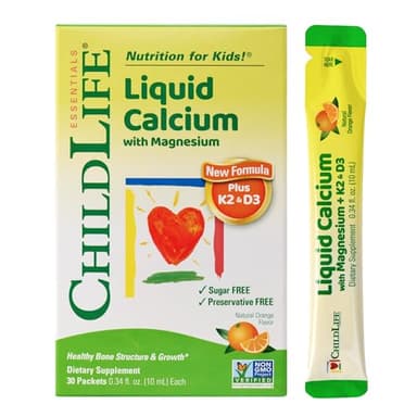 ChildLife Essentials Liquid Calcium Supplement for Kids Single Serve - Baby Calcium with Magnesium, Vitamin D3, & K2 for Bone Support, On The Go Nutrition - Orange Flavor, 0.34 fl oz (30 Stick Packs)