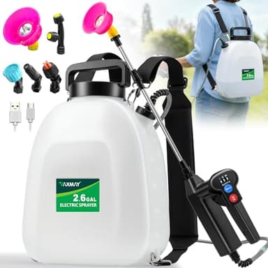 VAXMAY Battery Powered Sprayer 2.6 Gallon, Backpack Sprayer with 3 Adjustable Forces, Battery Indicator, 5 Mist Nozzles, 41" Retractable Wand, USB Rechargeable Garden Sprayer for Weed Lawn Yard