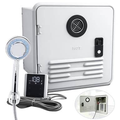 Tankless RV Water Heater, 42000BTU Instant Hot Water System, 15x15 Inch White Door, Compatible with Most RVs for Shower, Dishwashing & Outdoor Use