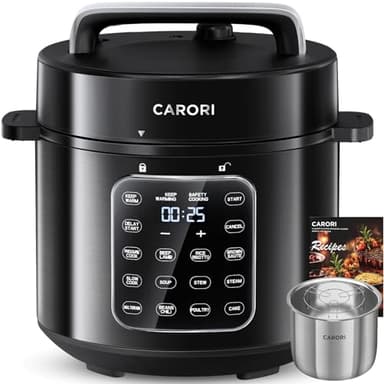 CARORI 9-in-1 Electric Pressure Cooker 6 Qt, Stainless Steel Inner Pot, Programmable 12 Multi-Function Cooker with Safe Vent Design, Rice Cook, Slow Cook, Sauté, Warmer & Sterilizer, Black