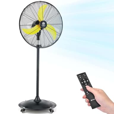 FUGOO 24" Whisper-Quiet Industrial Pedestal Fan - Brushless DC Motor, 5000 CFM Waterproof Heavy Duty Fan with Remote, Energy Efficient for Garage, Warehouse, Patio, Commercial