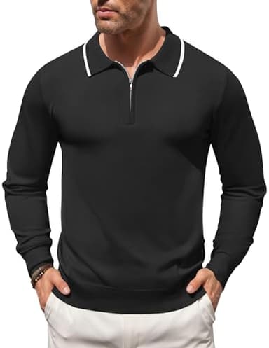 COOFANDY Men's Zipper Polo Shirt Long Sleeve Knit Polo Sweater Casual Golf Pullover Quarter Zip Sweatershirt
