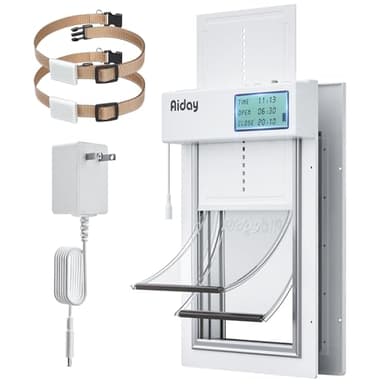 Automatic Dog Door for Door with Collar Sensor, Electronic Medium Dog Door with Anti-Pinch, Timing Function, Metal Frame&Panels, Mains-Powered- M