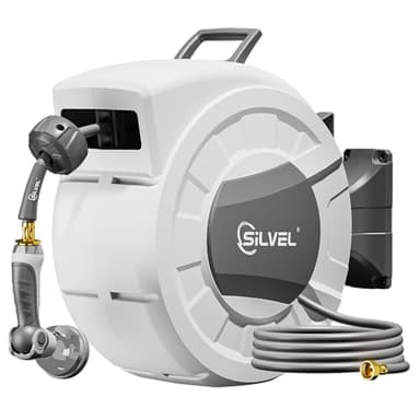 Retractable Garden Hose Reel, 1/2" x 100ft Wall Mount Heavy Duty Automatic Hose Reel with 10 Pattern Nozzle, Any Length Lock & Slow Return System, 180°Swivel Bracket Upgraded UV Resistant,Light Grey