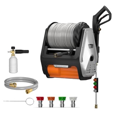 Giraffe Tools Grandfalls Retractable Pressure Washer Pro, Wall Mount Pressure Washer, Electric Power Washer, Automatic Rewind, 3700PSI, 100ft Pressure Hoses, Light Silver Case