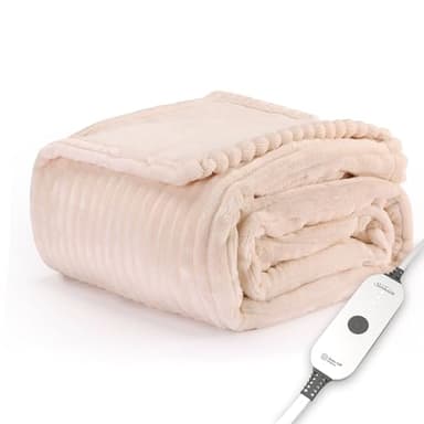 Sunbeam Electric Throw Royal Posh Velvet Heated Blanket, 4 Heat Settings, 4-Hour Auto Shut-Off, Fast Heating, Lush, Silky, and Ultra Comfy, Ribbed Champagne Color, 50" x 60"