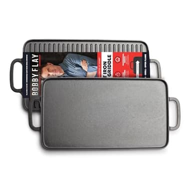 GreenPan x Bobby Flay Cast Iron Pre-Seasoned 16.5 x 9.5” Reversible Double Burner Griddle, Rectangular Grill, Helper Handles, Induction, Versatile Stovetop Oven BBQ & Fire, Indoor & Outdoor Use, Black