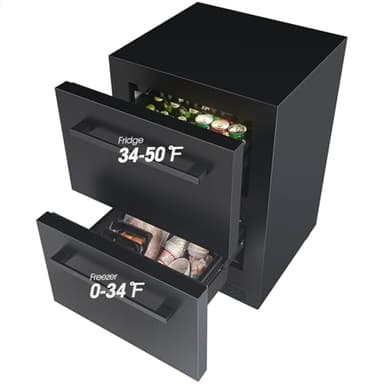 Vesgolden 24 inch Double Drawer Drawer Refrigerator Under Counter with Freezer Beverage Refrigerator, Indoor/Outdoor Fridge for Patio, Kitchen & Bar, Weatherproof (Black)
