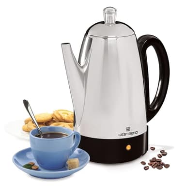 West Bend Electric Percolator Classic Style Coffee Maker with Heat Resistant Handle Base and Detachable Cord with Stainless Steel Stem and Basket, 12-Cup, Silver