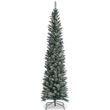 IFANNY 7 FT Flocked Christmas Tree with Foldable Metal Stand, Artificial Christmas Tree w/ 41 Pine Cones & 351 PVC Branch Tips, Slim Pencil Tree for Decoration Indoor Outdoor