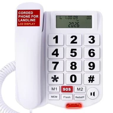 Big Button Phone for Seniors, Uvital Corded Landline Phone with Caller ID, 2 One-Touch Buttons and SOS Emergency Button, Hands-Free, Loud Ringer, Senior Landline Phones for Home/Office/Hotel, White