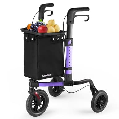 Ambliss 3-Wheel Rollator Walker for Seniors, 300lb Capacity, 10" All-Terrain Wheels, Lightweight Foldable Walker with Large Basket & Removable Tray, Height Adjustable Purple Mobility Aid (Purple)