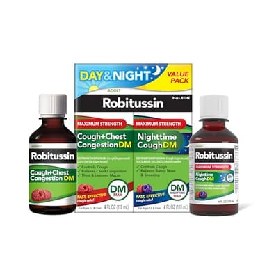Robitussin Maximum Strength Cough + Chest Congestion DM And Maximum Strength Nighttime Cough DM, Cough Medicine For Adults, Berry Flavor - 4 Fl Oz Bottles (Pack of 2)