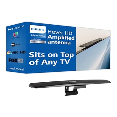Philips Hover Amplified HD Digital TV Antenna, Long Range Smart TV Antenna, Easy Mount on Top of TV Design, Supports 4K 1080P HD VHF UHF, Signal Booster, Coax HDTV Cable/AC Adapter, SDV7219N/30