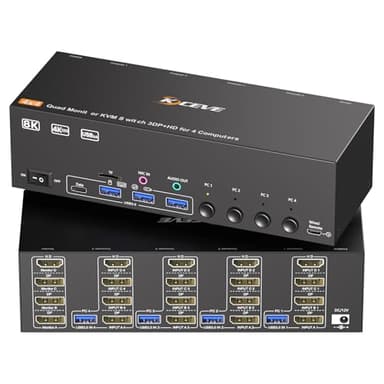 KVM Switch 4 Monitors 4 Computers 8K@30Hz 4K@120Hz,Quad Monitor KVM 4 Monitor KVM Switch with 4 USB Ports for Keyboard Mouse,Support Extended/Copy Mode, with Wired Remote【not use Laptop】