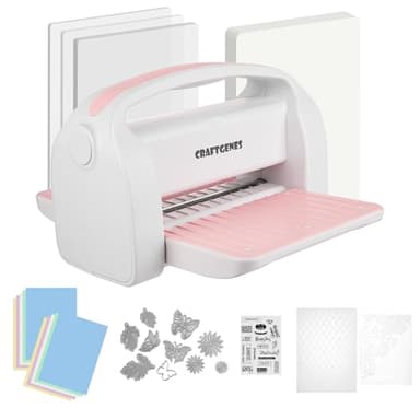 CraftGenes Manual Die Cutting Machine and Embossing Machine, 9'' Opening Size for Cardmaking, Scrapbooking, and DIY Crafts – Foldable Complete Set with A4 Die Cuts, Embossing Folders, and Plates(Pink)