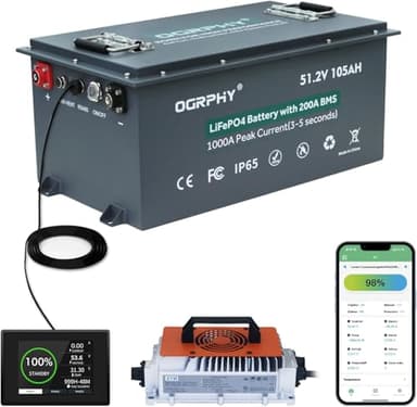 OGRPHY 48V Lithium Golf Cart Battery, with 18A Charger, Touch LCD Monitor, 200A BMS, 1000A(3-5) Peak Current 10 Yrs Lifespan Perfect for Golf Cart, Trolling(51.2V 105AH)