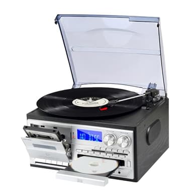 9 in 1 Record Player with 3-Speed Turntable, Bluetooth, CD Player, Cassette, AM/FM Radio, USB/SD Playback & AUX-in, Retro Vinyl Record Player with Built-in Speakers