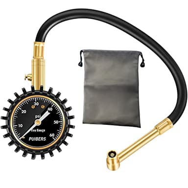 Motorcycle Tire Pressure Gauge 60 PSI, PUIBERS 2’’ dial Mechanical Tire Gauges with 90 Degree Right Angle Chuck Flexible Hose, Tires Guages for Pressure Glow in The Dark for Cars, Motos, Bicycles