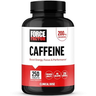 Force Factor Caffeine Pills 200mg, Caffeine Tablets to Boost Energy, Focus, Strength, and Performance, Premium Quality Pills, Energy Support Supplement, 250 Tablets