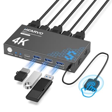Hearvo USB 3.0 HDMI KVM Switch 1 Monitors 2 Computers, 4K@60Hz KVM Switches for 2 Computers Sharing Monitor Keyboard Mouse Hard Drives Printer, with EDID Adaptive, 2USB Cable and Controller -S7232H