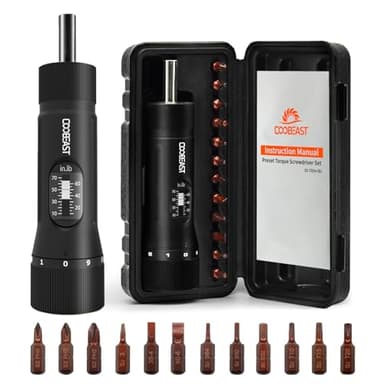 coobeast 13Pcs Preset Torque Screwdriver with S2 Bits, 1/4” Drive Torque Wrench Screwdriver Set for Maintenance, Tools, Bike Repairing and Mounting, Inch Pound Torque Range 10-70 In-lb