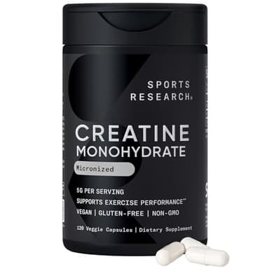 Sports Research® Creatine Monohydrate Capsules - Supports Workout Recovery, Lean Muscle gain, Performance and Strength* - Non-GMO, Vegan Certified - 5g per Servings - 30 Servings