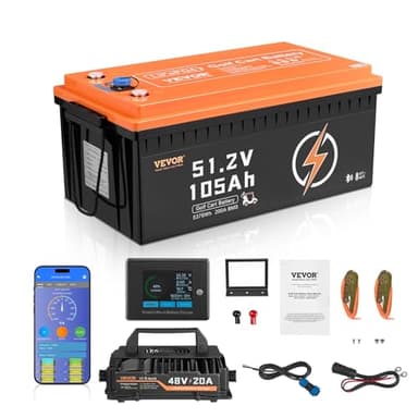 VEVOR 48V 105Ah Golf Cart Lithium Battery, 48 Volt Golf Cart Battery with 200A BMS, LCD Monitor and Mobile APP, LiFePO4 Battery with 600A Peak Current, 20A Charger and 4000+ Cycles, for Golf Carts
