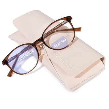 OPTOFENDY Bifocal Reading Glasses for Women, TR90 Round Clear Top Blue Light Computer Readers with Spring Hinge, Coffee 2.5