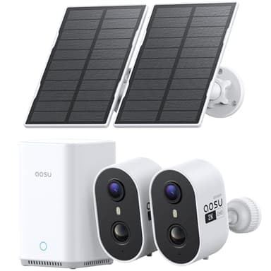 aosu Solar Security Cameras Wireless Outdoor Home System, True 2K HD, Cross-Camera Tracking, PIR + AI Human Detection, Color Night Vision, Local Storage, No Subscription Required, 2-Cam-Kit