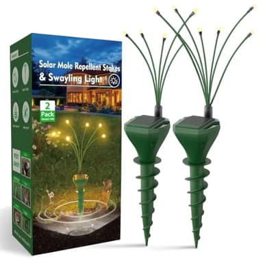 Mole Repellent with Swaying Lights Solar Powered 2 Pack - Deterrent Stake with Lights, Sonic Spikes Get Rid for Voles, Snake, Groundhog, Gopher - Repellent for Lawns, Garden & Yard