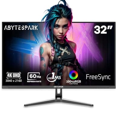 abytespark 32 Inch Ultra Wide UHD 4K (3840 x 2160) Gaming Monitor, IPS 60Hz Ultra-Clear Screen, 1ms (MPRT), 100% sRGB, Built-in Speaker,FreeSync, 2 x DP 1.4 and 2 x HDMI 2.0, Tilt Height Adjustment