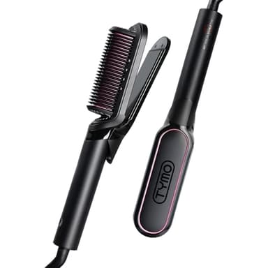 TYMO Flat Iron Hair Straightener Brush 2 in 1, 200M Ions Hair Straighteners for Women, Ceramic Straightening Hot Comb for Anti-Frizz Straights, Waves, Curl, 3X Less Heat Damage, Dual Voltage, Black